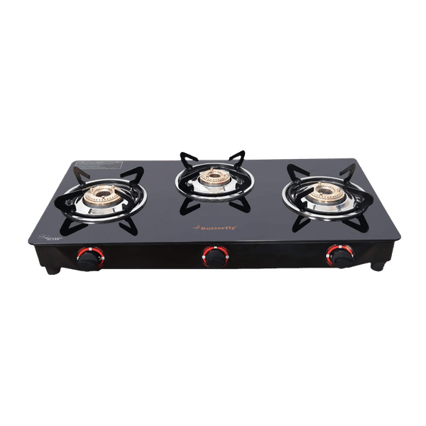 Butterfly Wave Toughened Glass Top 3 Burner Manual Gas Stove (Rust Free Pan Stand, Black)_1