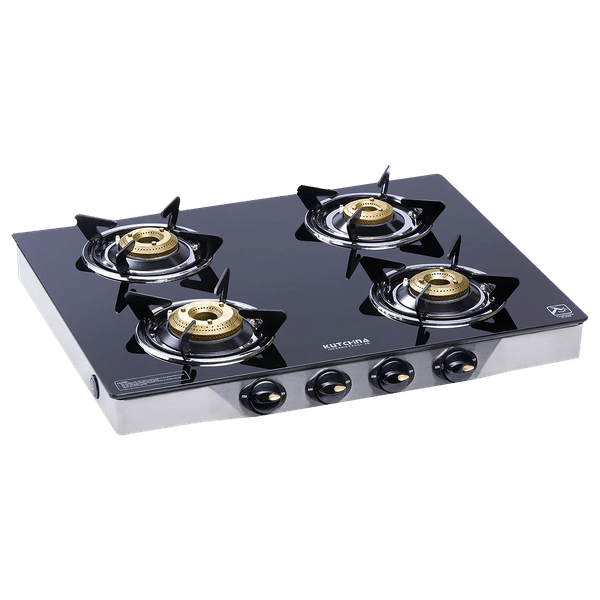 Kutchina Inferno Excel 4B Tempered Glass Top 4 Burner Automatic Gas Stove (Euro Coated Thick Pan Support, Black)_1