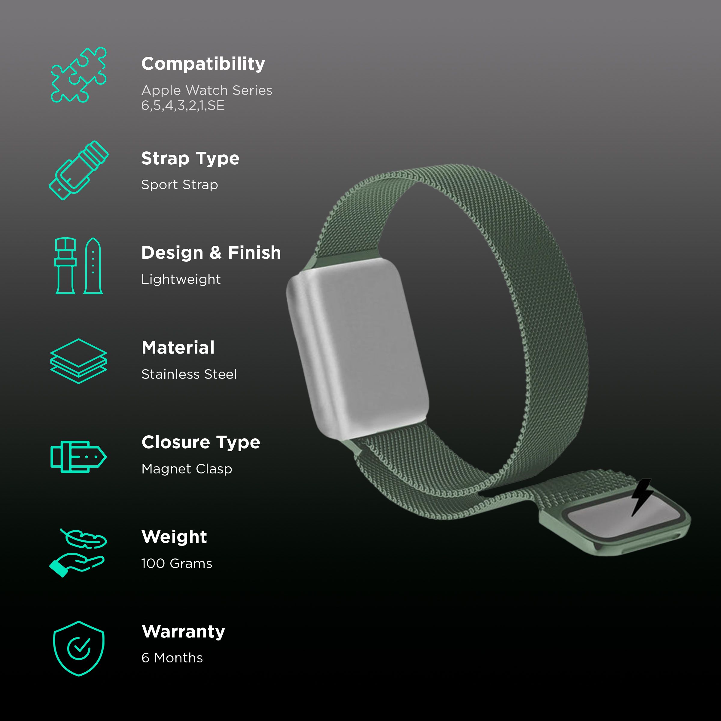 GRIPP Stainless Steel Magnetic Strap for Apple Watch Series SE, 6, 5, 4, 3, 2 & 1 (42mm / 44mm / 45mm) (Breathable Fabric, Green)_2