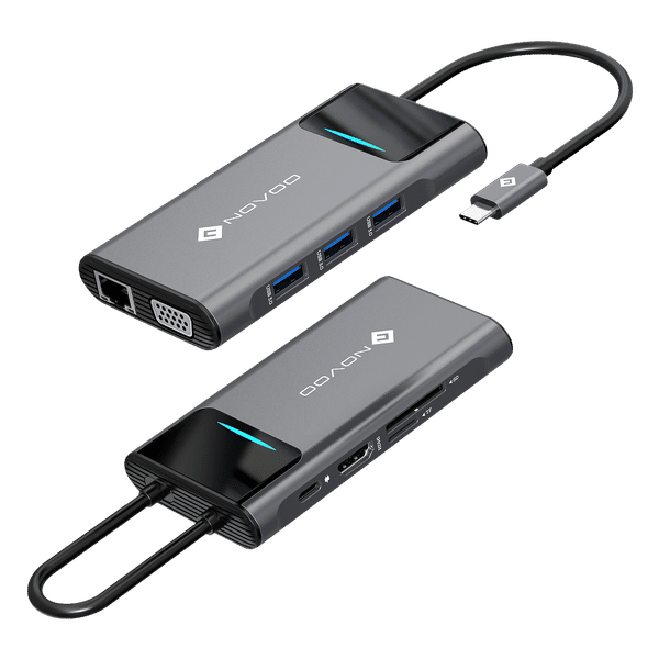 Novoo 9-in-1 USB 3.0 Type C to USB Type C, HDMI Type A, SD Card Slot, TF Card Reader, USB 3.0 Type A, VGA Port, RJ45 USB Hub (Dual Screen Display, Grey)_1