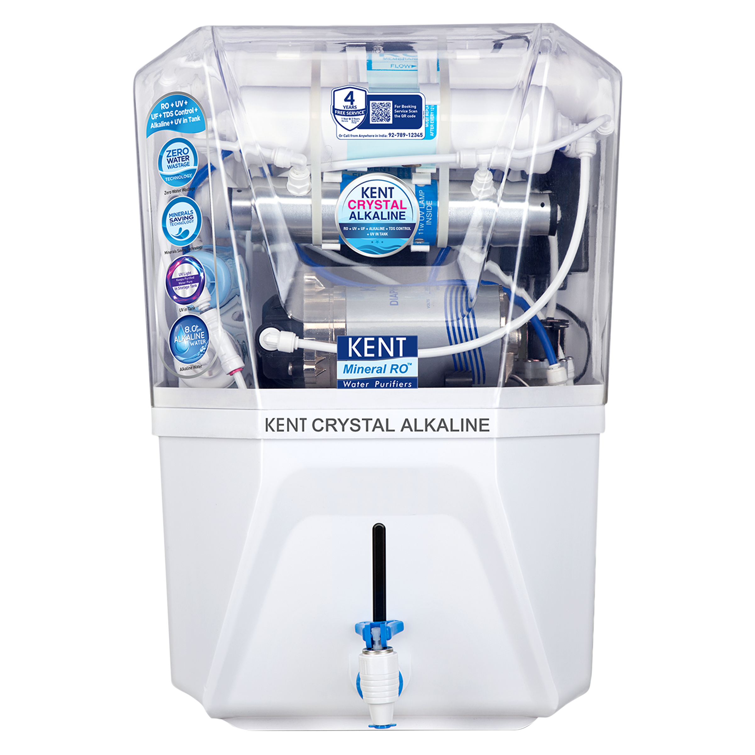 KENT Crystal 11L RO + UV + UF + Alkaline + UV-in-tank + TDS Water Purifier with Zero Water Wastage (White)