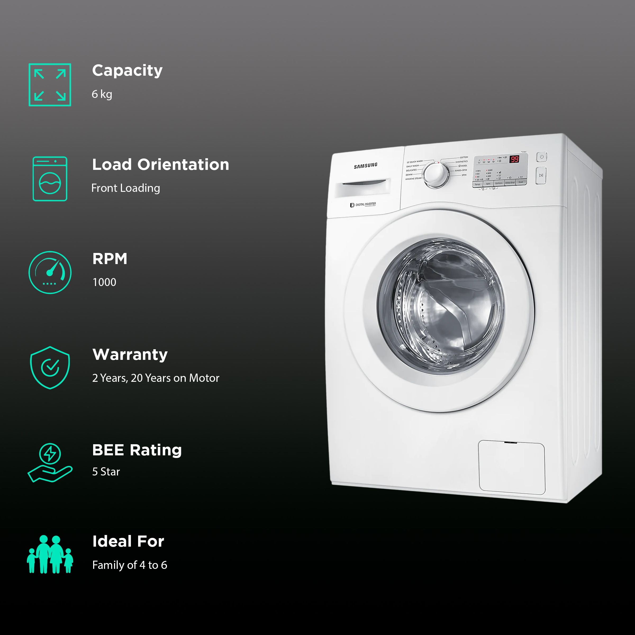 6.0 kg front load washing machine with diamond drum ww60r20glma