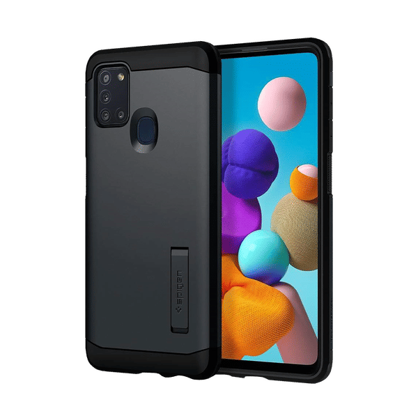 spigen Tough Armor TPU & Polycarbonate Back Case with Stand for SAMSUNG Galaxy A21s (Wireless Charging Compatible, Metal Slate)_1