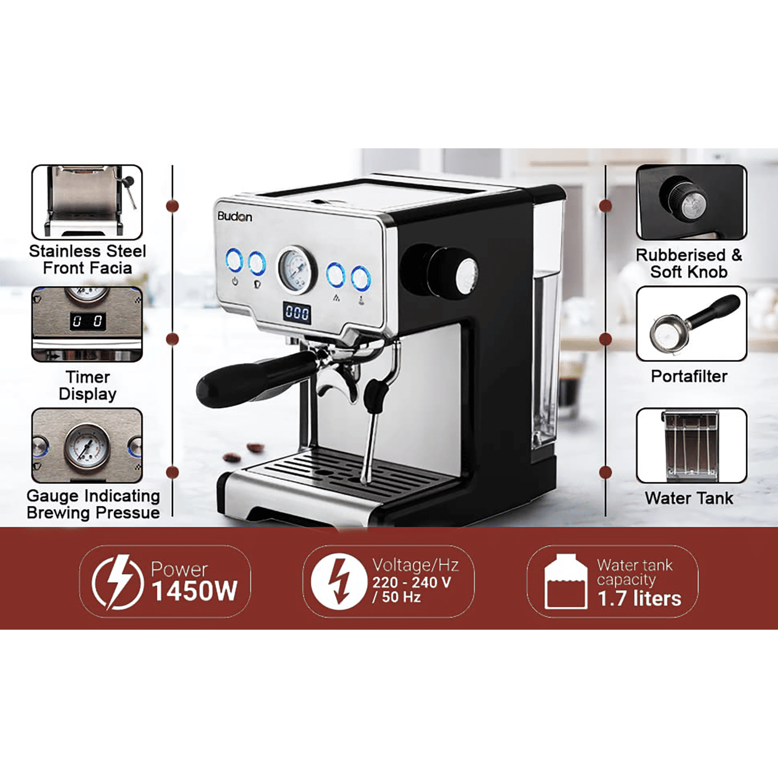 Buy Budan 1450 Watt 10 Cups Semi-Automatic Espresso, Cappuccino & Latte ...