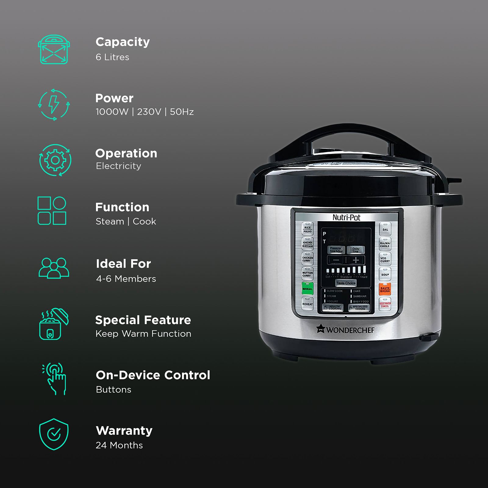 Buy WONDERCHEF Nutri-Pot 6 Litre Electric Pressure Cooker with 7-in-1 ...