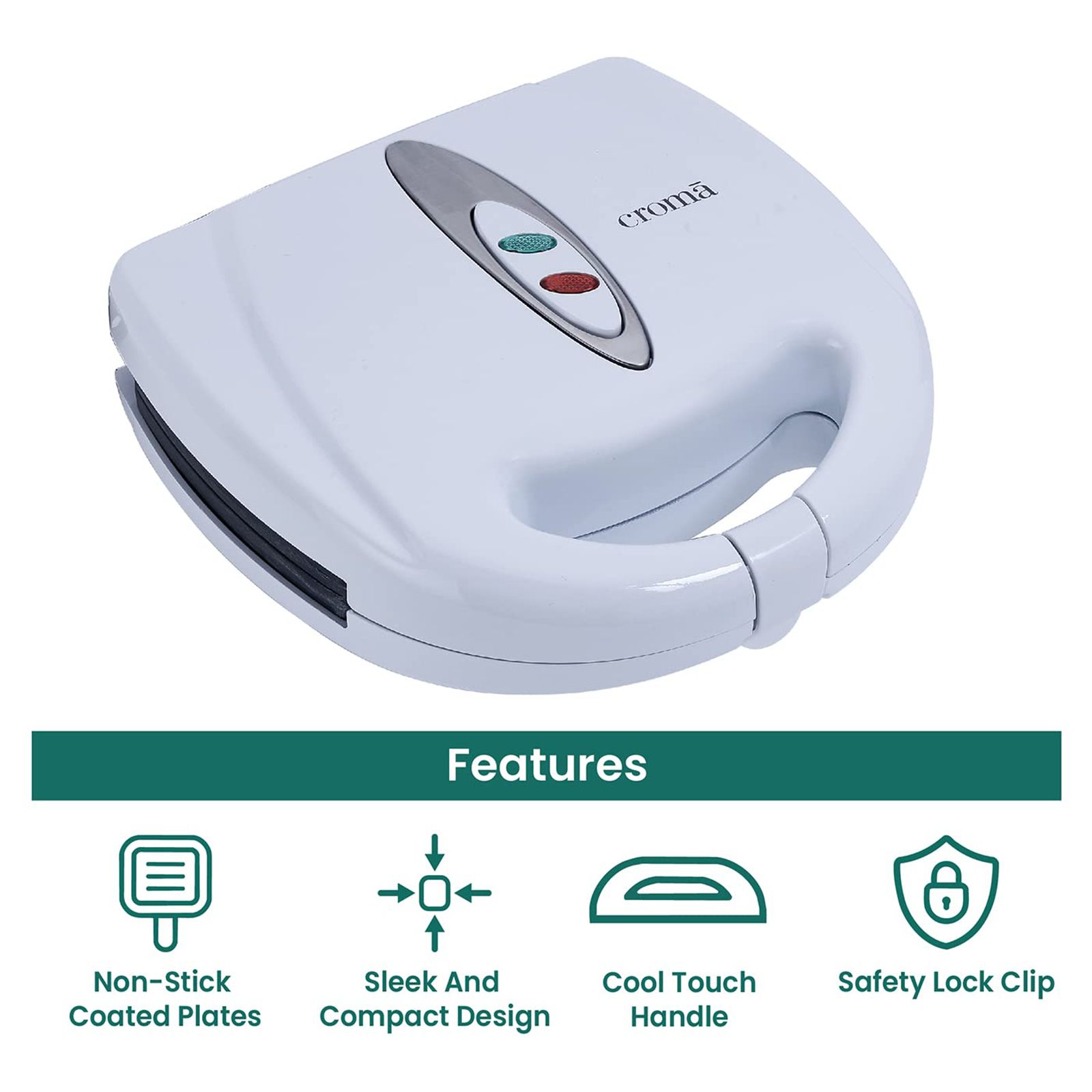 Buy Croma 800W 4 Slice Sandwich Maker with Automatic Operation (White ...