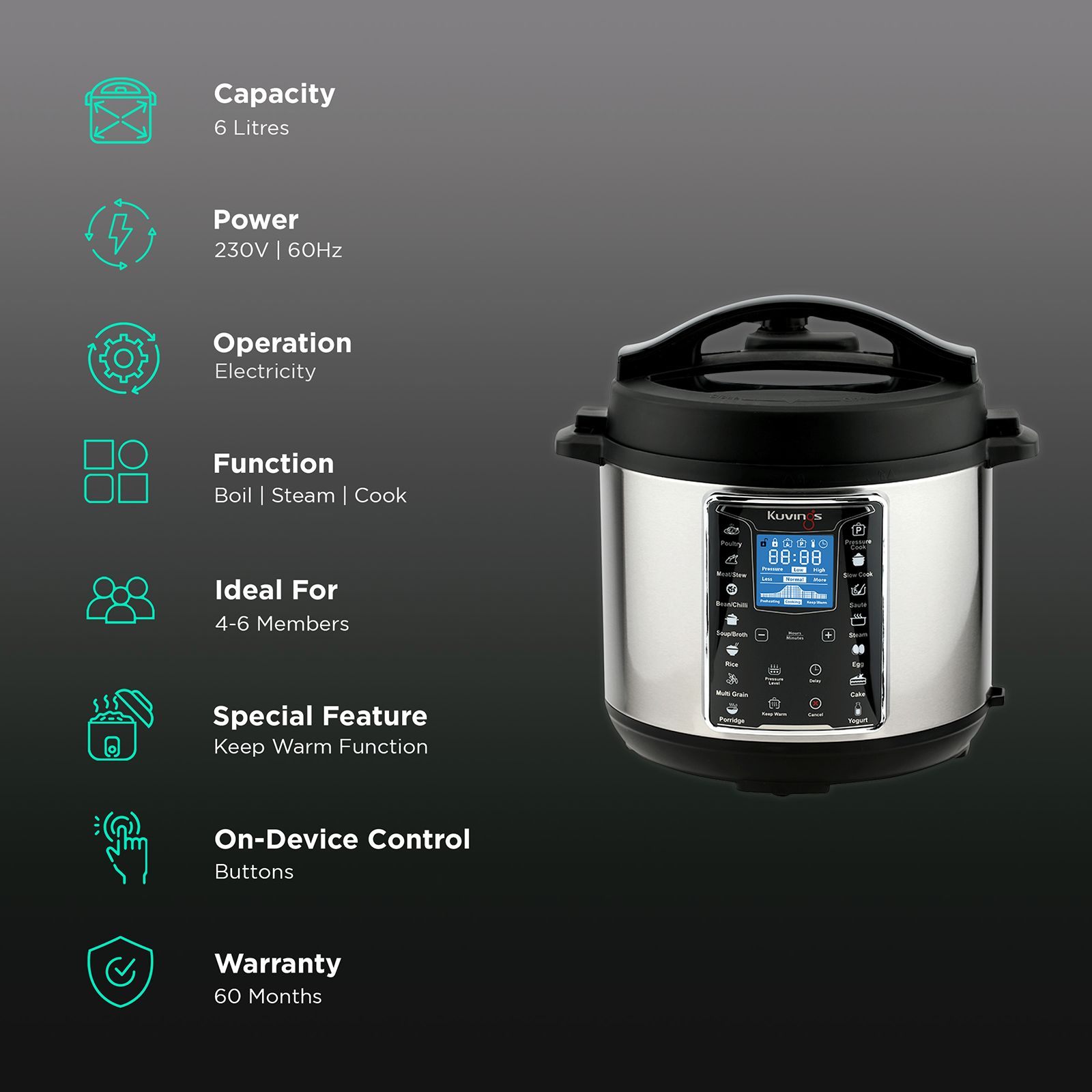 Buy Kuvings 6 Litre Electric Multi Pot Cooker with Touch Panel with LCD ...