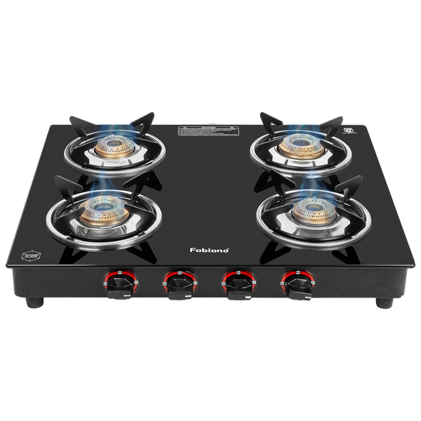 Fabiano FAB4BRSMART Toughened Glass Top 4 Burner Manual Gas Stove (Pan Support Attachment, Black)_1