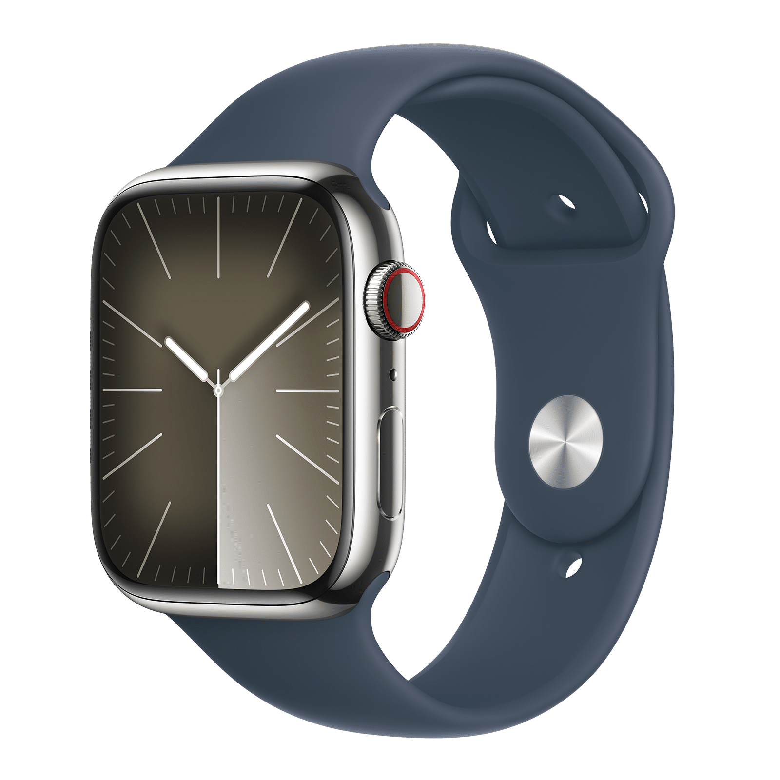 Apple Watch Series 9 GPS+Cellular with Storm Blue Sport Band - S/M (45mm Display, Silver Stainless Steel Case)