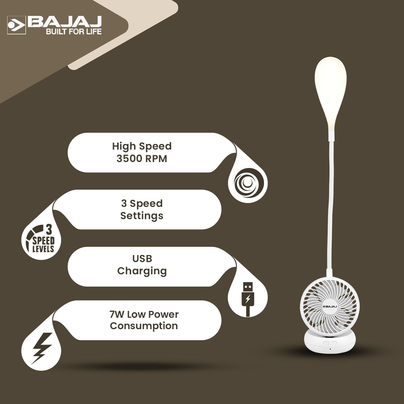 Buy BAJAJ AirLight 7 Blade Table Fan (With Flexible Task Lighting ...