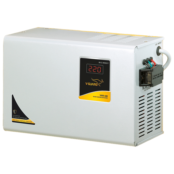 V-GUARD 12 Amps Voltage Stabilizer For Up to 1.5 Ton Air Conditioner (130 - 300 V, Built-In Thermal Overload Protection, VWR 400, Grey)_1