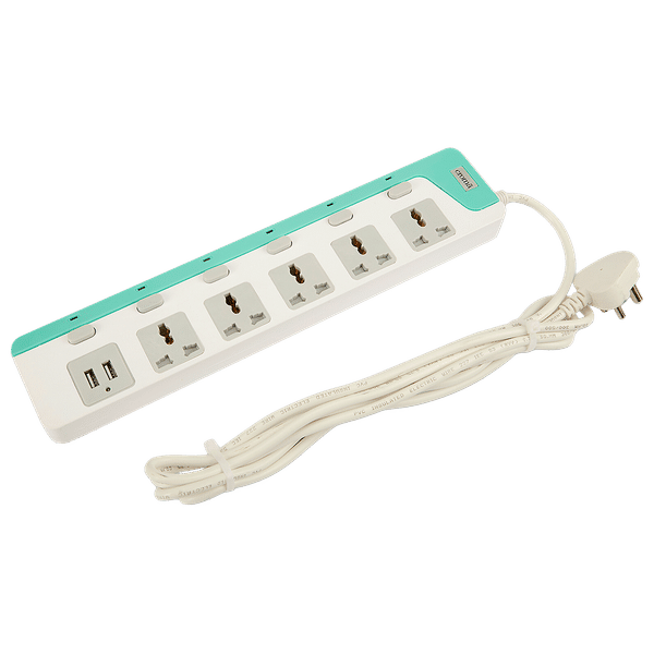 Croma 6 Amps 5 Sockets Surge Protector With Individual Switch (2 Meters, 2 USB Port, CRCP1002, Blue)_1