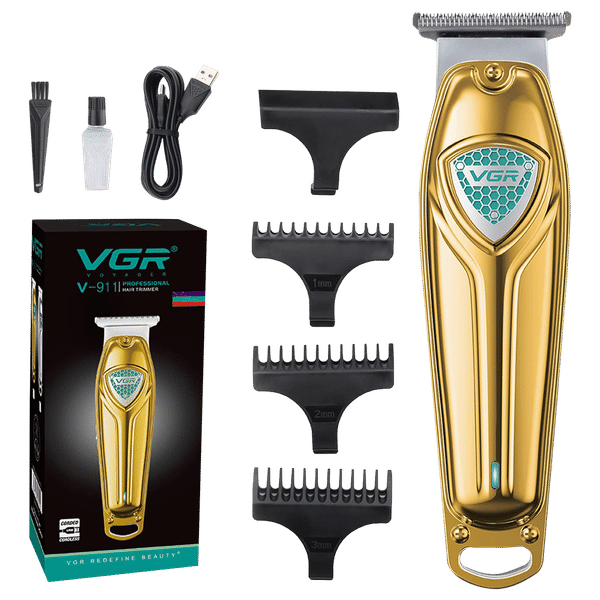 VGR V-911 Rechargeable Cordless Wet & Dry Trimmer for Hair Clipping, Beard, Moustache, Body Grooming & Intimate Areas with 3 Length Settings for Men (180min Runtime, LED Strip with 10 Levels, Gold)_1