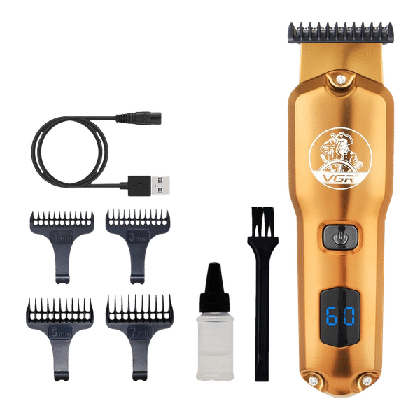VGR V-927 Rechargeable Corded & Cordless Wet & Dry Trimmer for Hair Clipping, Beard, Moustache & Body Grooming with 4 Length Settings for Men (60min Runtime, LED Display, Gold)_1