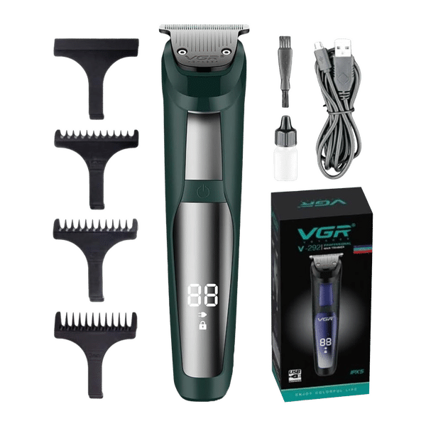 VGR V-291 Rechargeable Corded & Cordless Wet & Dry Trimmer for Hair Clipping, Beard, Moustache & Body Grooming with 4 Length Settings for Men (120min Runtime, LED Digital Display, Green)_1