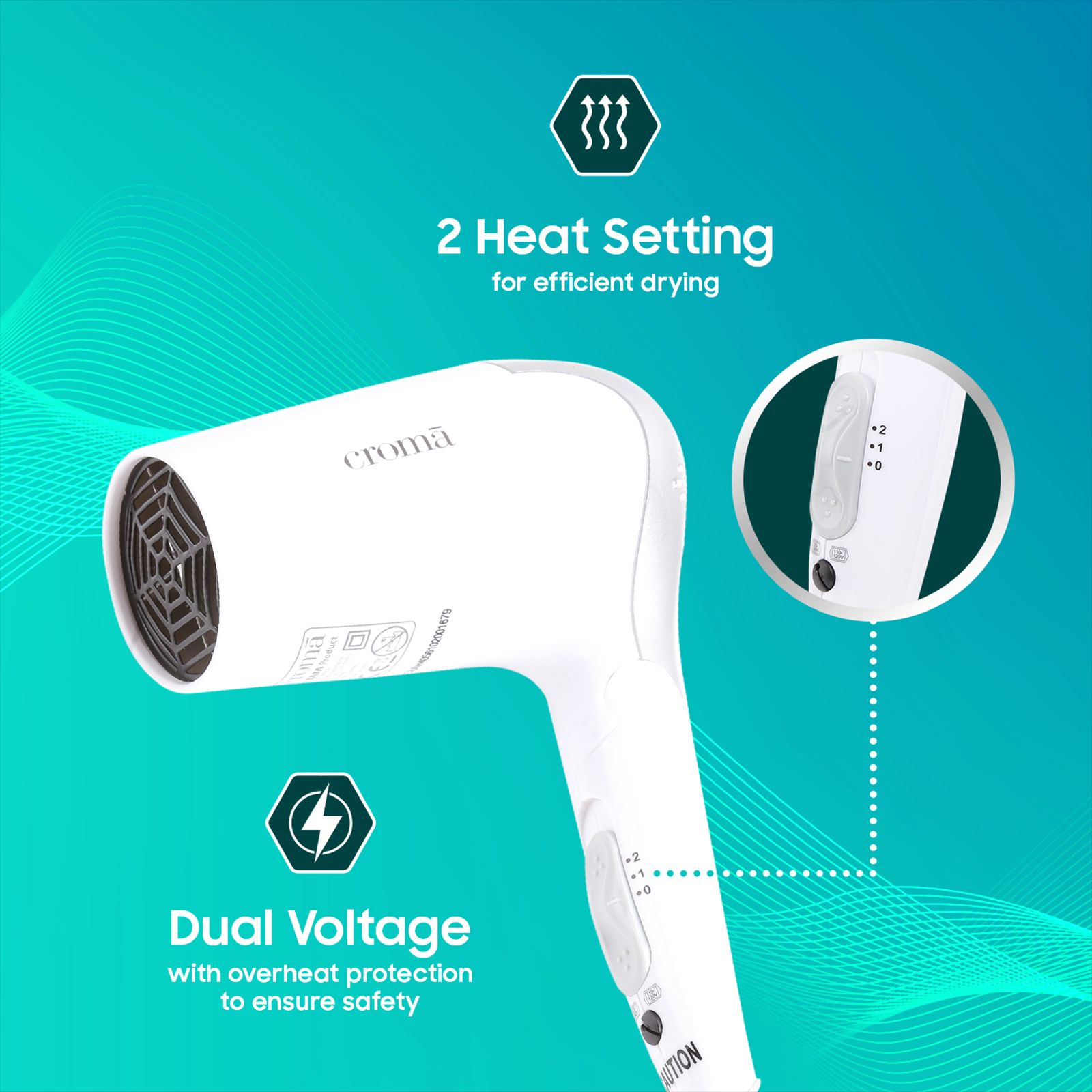 Buy Croma Hair Dryer with 2 Heat Settings (Dual Voltage Knob, White ...