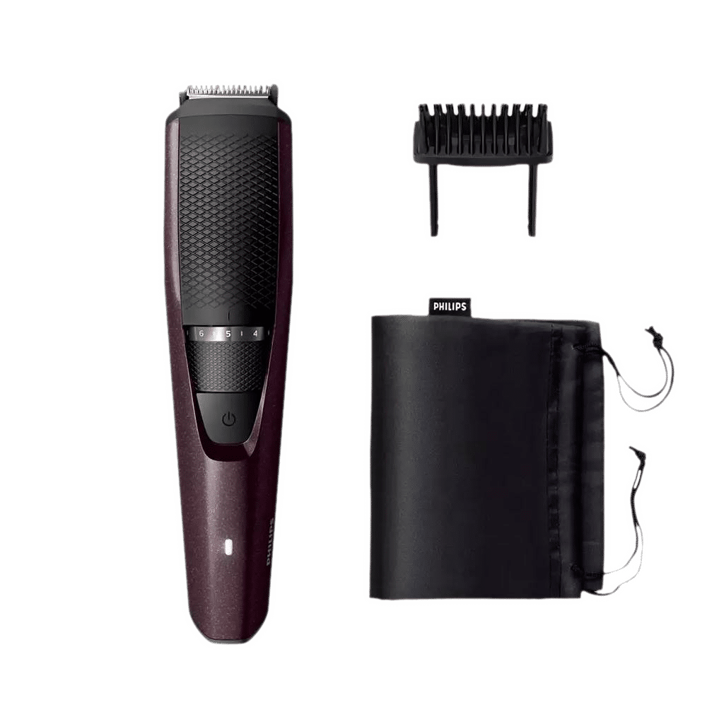 PHILIPS 3000 Series Rechargeable Cordless Wet & Dry Trimmer for Beard & Moustache with 20 Length Settings for Men (60min Runtime, LED Charge Indicator, Wine)