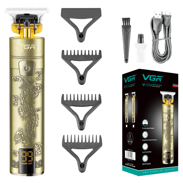 VGR V-076 Rechargeable Corded & Cordless Wet & Dry Trimmer for Hair Clipping, Beard, Moustache & Body Grooming with 3 Length Settings for Men (150min Runtime, LED Display, Gold)_1