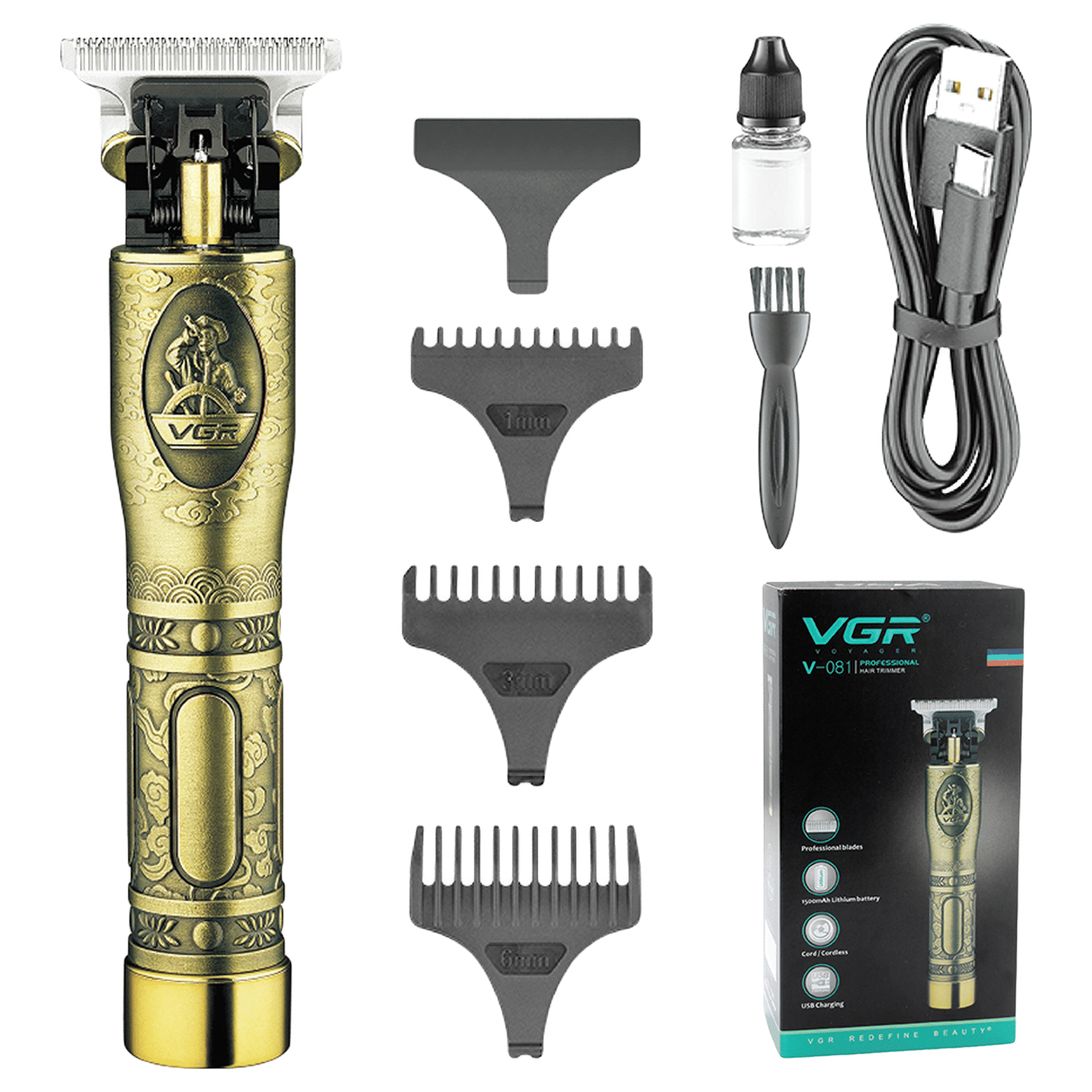 VGR V-081 Rechargeable Corded & Cordless Wet & Dry Trimmer for Hair Clipping, Beard, Moustache & Body Grooming with 3 Length Settings for Men (180min Runtime, Quick Charge, Gold)_1