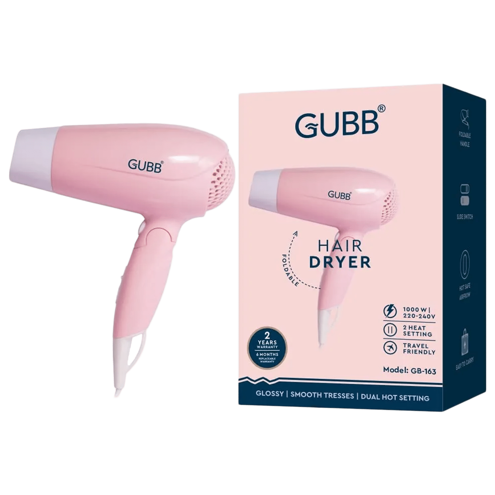 GUBB GB-163 Hair Dryer with 3 Heat Settings & Cool Shot (Overheat Protection, Pink)