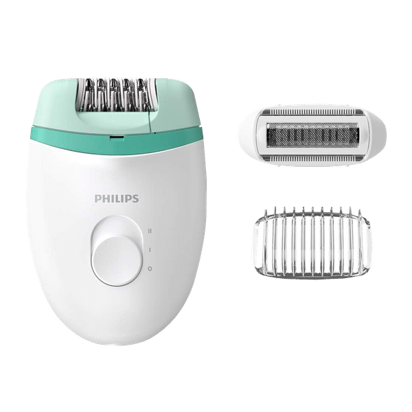 PHILIPS Satinelle Essential Corded Wet & Dry Epilator for Arms, Legs & Intimate Areas with 2 Interchangeable Heads (Efficient Epilation System, White & Green)_1