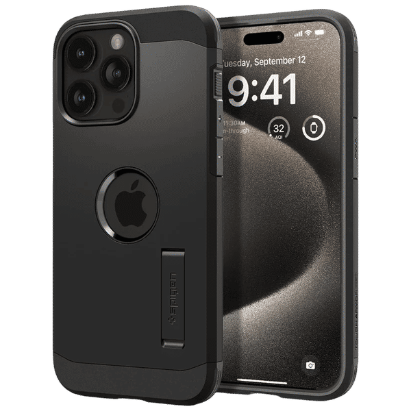 spigen Tough Armor MagFit TPU and PC Back Cover for iPhone 15 Pro Max (Built-in Kickstand, Black)_1