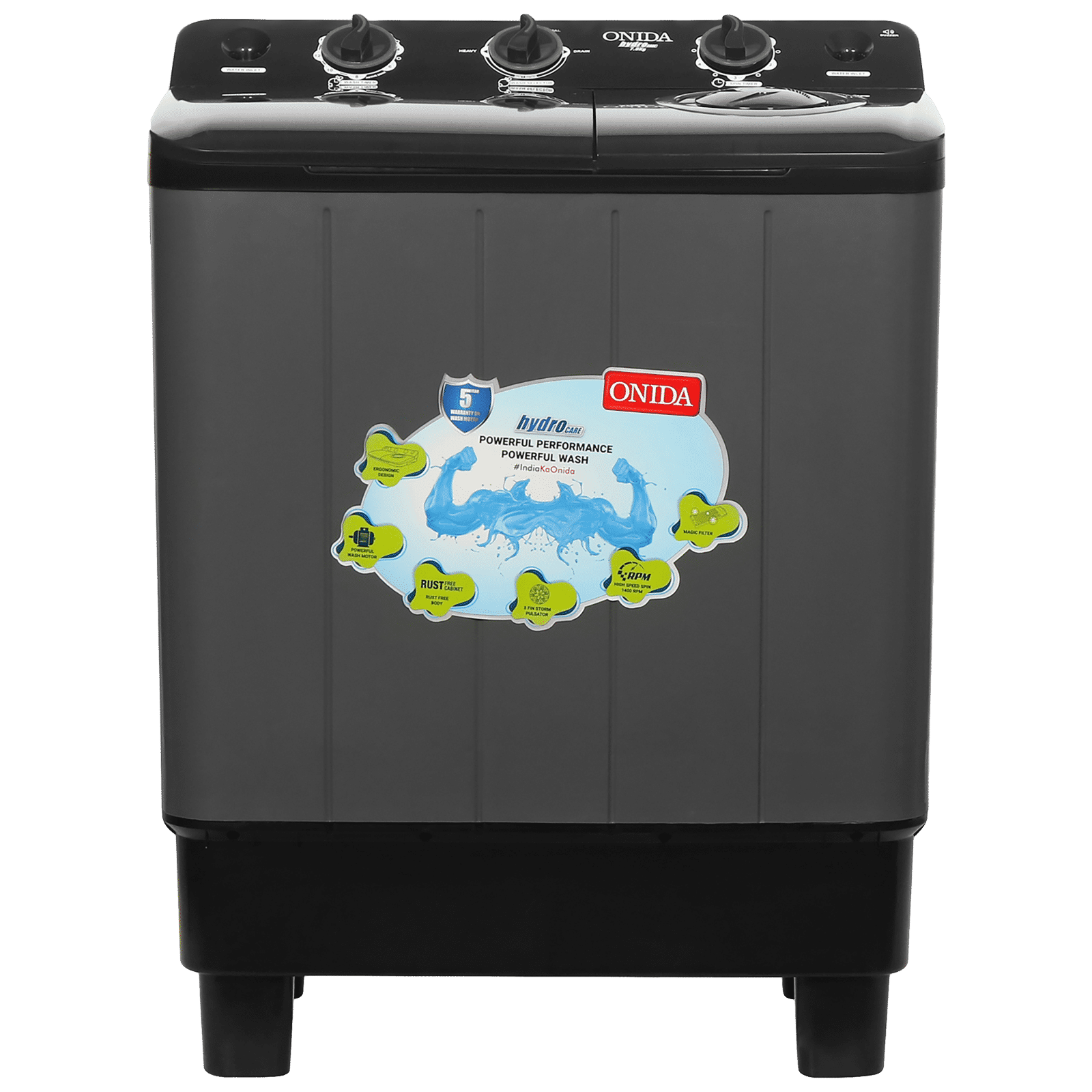 Buy ONIDA 7 kg Semi-Automatic Top Load Washing Machine (S70GR, 5 Spin Storm Pulsator, Black & Grey) Online - Croma