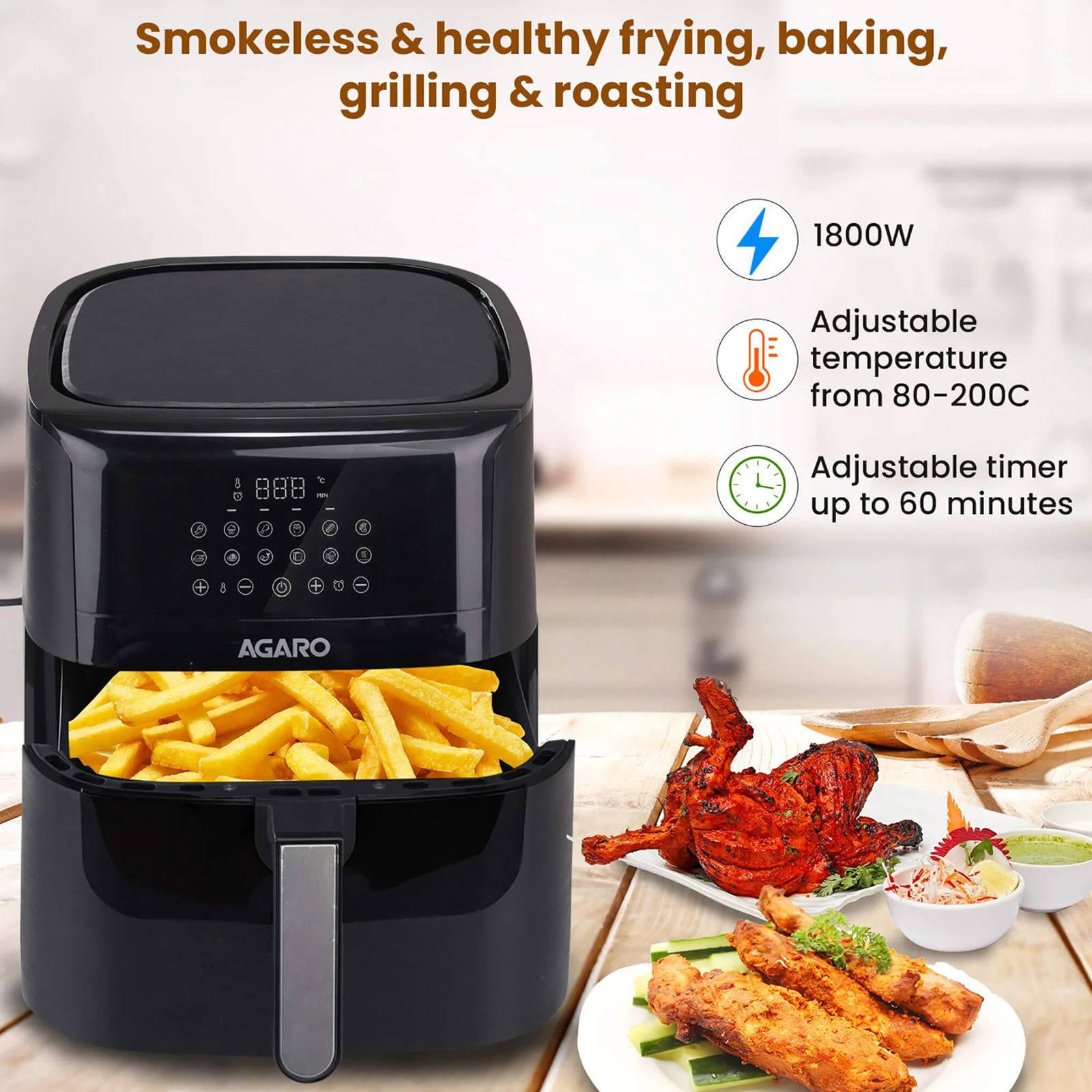 Buy AGARO Elegant 6.5L 1800 Watt Digital Air Fryer with 12 Preset ...