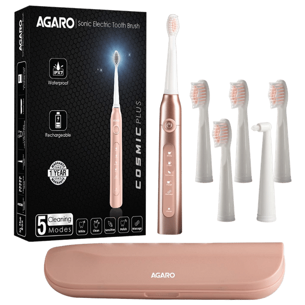 AGARO Cosmic Plus Rechargeable Electric Toothbrush with 5 Replacement Heads for Adults (Smart Timer, Rose Gold)_1