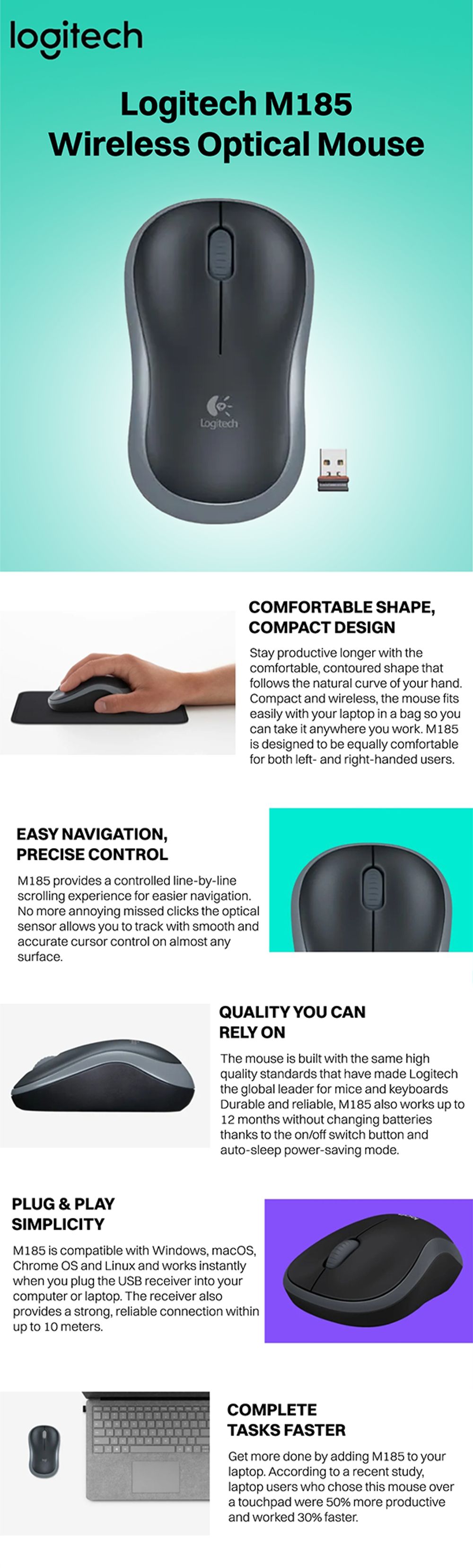 Logitech M185 Compact Wireless Mouse - Designed for Laptops