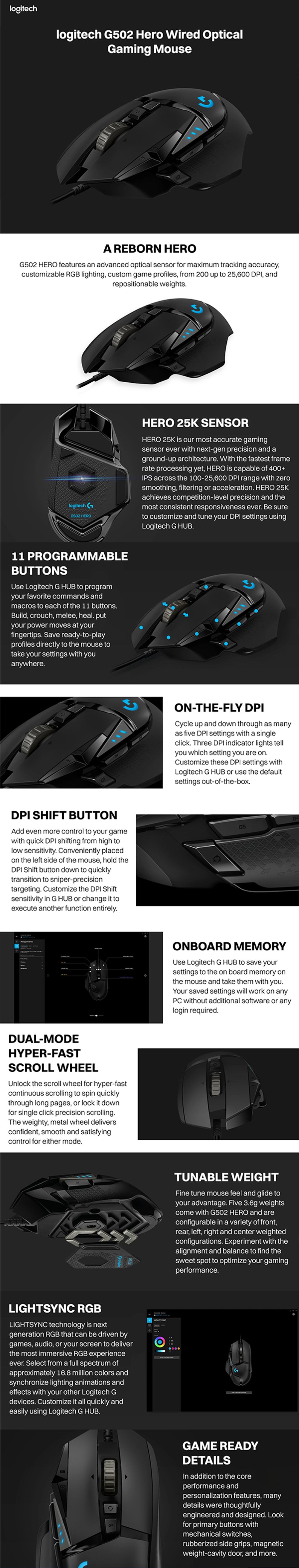  Logitech G502 Hero High Performance Wired Gaming Mouse, 25K  Sensor, 25,600 DPI, RGB, Adjustable Weights, 11 Programmable Buttons,  On-Board Memory, PC/Mac - Black : Video Games