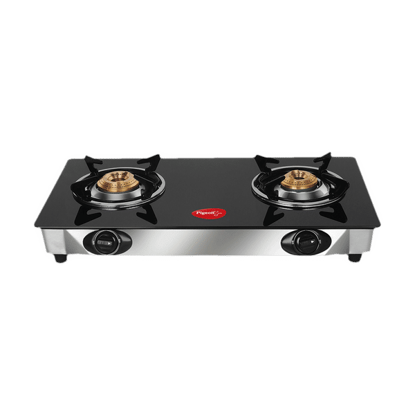 Pigeon Ayush Toughened Glass Top 2 Burner Manual Gas Stove (Unique Pan Support, Black)_1