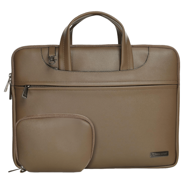 Dr. Vaku DA Italiano Polyurethane Leather, Polyester Sleeve for 14 Inch Laptop (Detachable Shoulder Strap, Tan Brown)_1