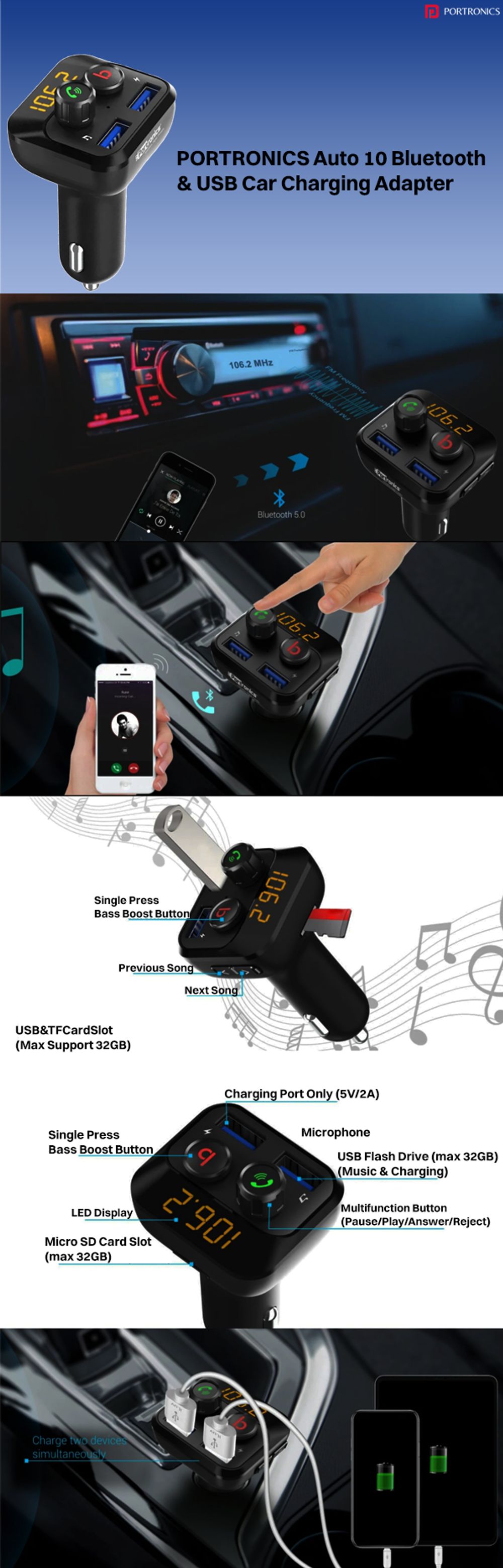 Portronics Auto 10 Bluetooth & USB Car Charging Adapter (POR 320, Blac
