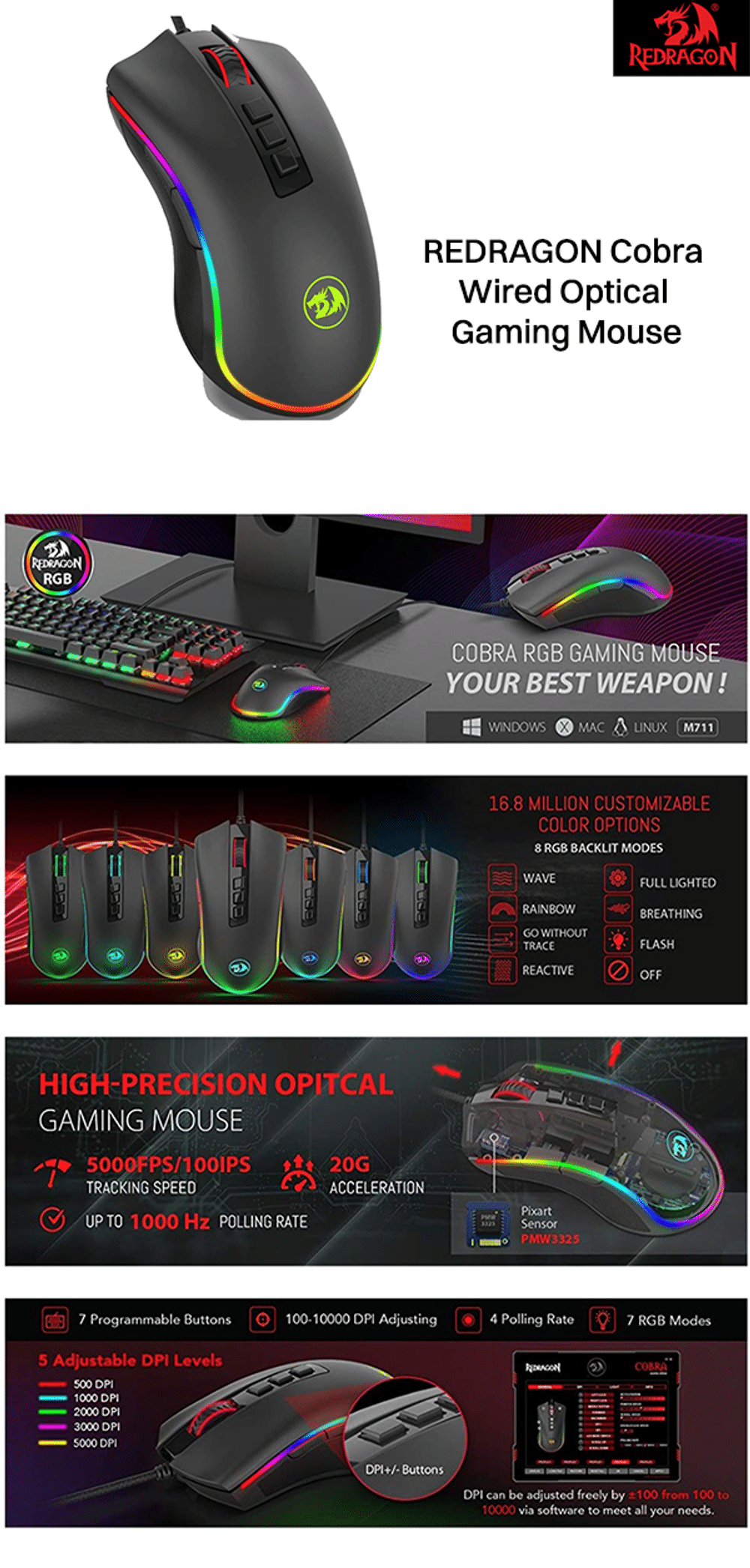 Buy Redragon Cobra Wired Optical Gaming Mouse (5000 DPI Adjustable,  Ergonomic Design, Black) Online – Croma