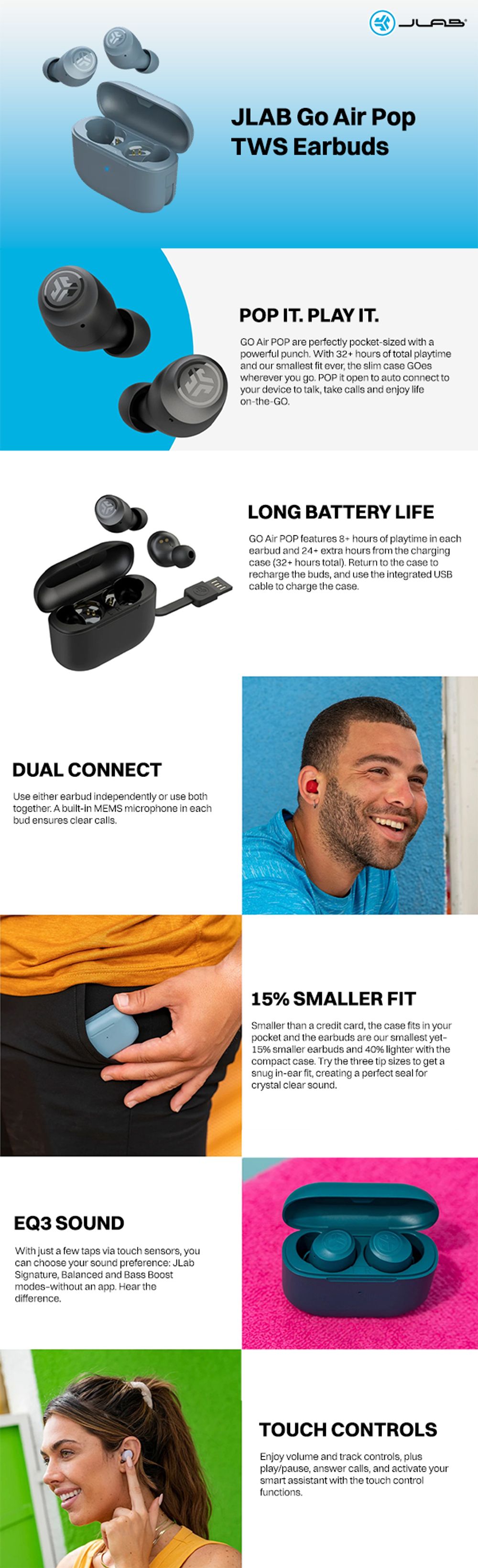 JLab Go Air Pop True In-Ear Wireless Headphones with Dual Connect & 32  Hours of Combined Playback