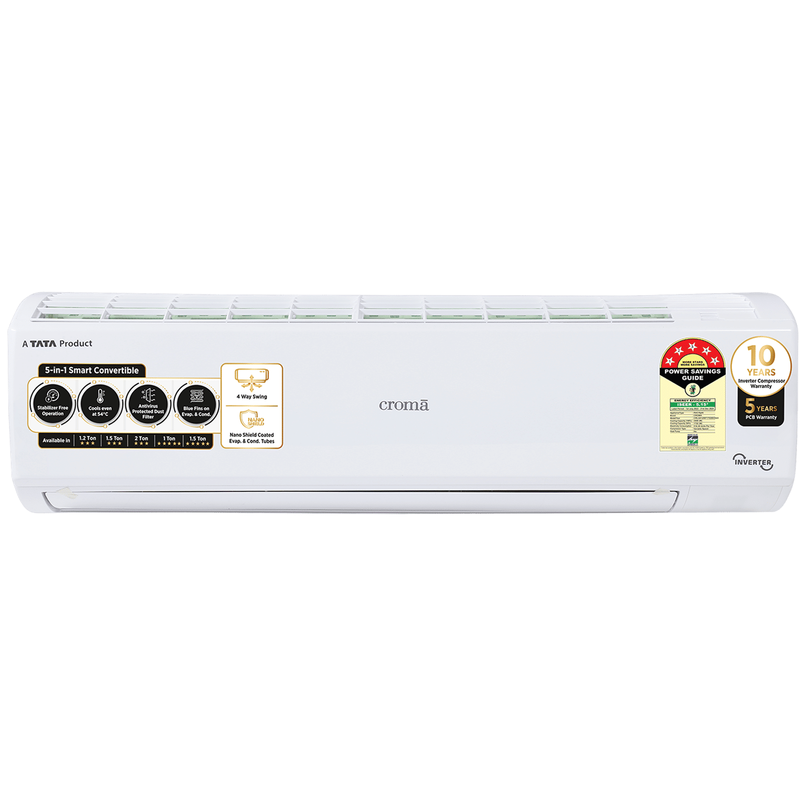 Croma 5 in 1 Convertible 1 Ton 5 Star Inverter Split AC with Dust Filter (2024 Model, Copper Condenser, CRLA012INF170268)