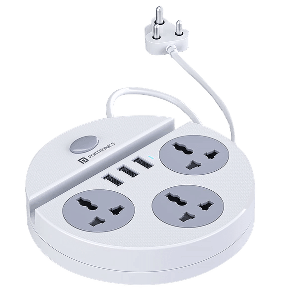 PORTRONICS Power Plate 5 3-Sockets Extension Board (1.5 Meters, 3 USB Charging Slots, POR 1359, White)_1