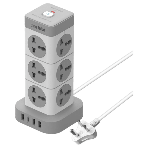 One Beat Tower 10 Amps 12 Sockets Extention Board (2 Meters, Auto Shut Off, OB-201242-U, White and Grey)_1