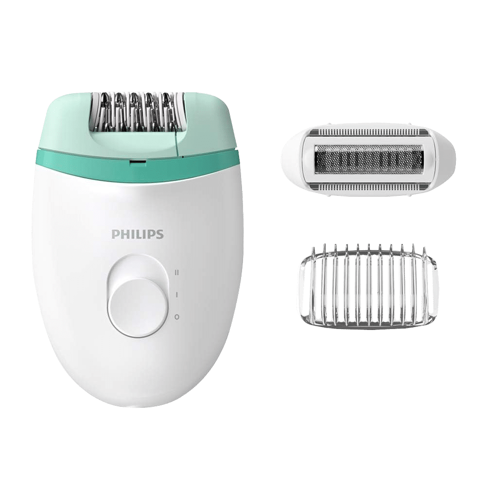 PHILIPS Satinelle Essential Corded Wet & Dry Epilator for Arms, Legs & Intimate Areas with 2 Interchangeable Heads (Efficient Epilation System, White & Green)