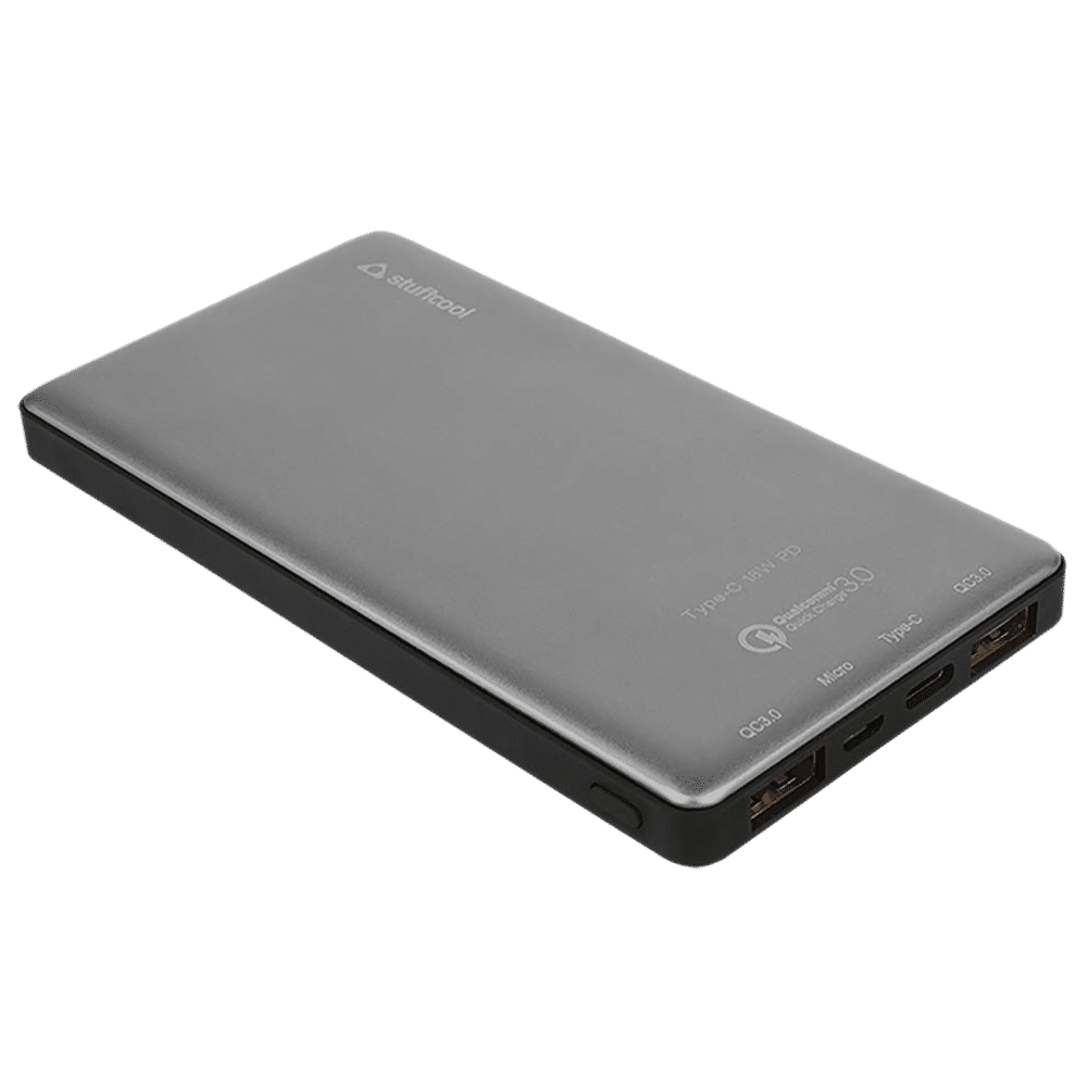 stuffcool PB1071QCPD 10000 mAh Fast Charging Power Bank (1 Type C & 2 USB 3.0 Ports, Plastic Casing, LED Indicator, Grey)