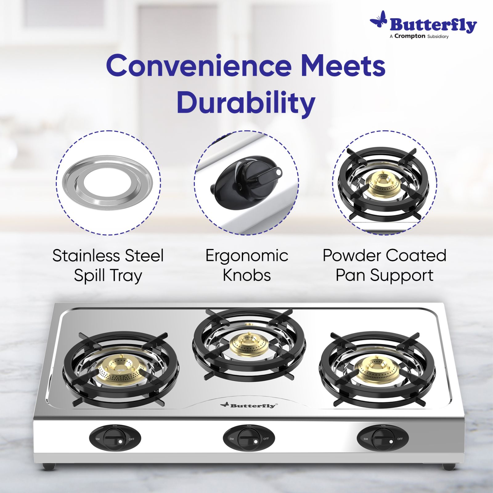 Buy Butterfly Bolt Shakti 3 Burner Manual Gas Stove (High Thermal ...