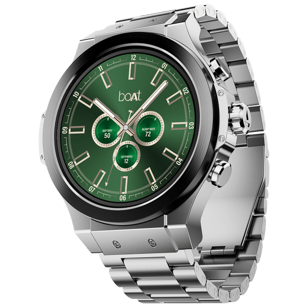 boAt Enigma X400 Smartwatch with Bluetooth Calling (36.8mm AMOLED Display, IP67 Sweat Resistant, Silver Chrome Strap)_1