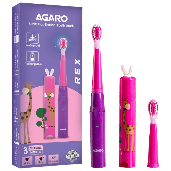 AGARO REX Sonic Rechargeable Electric Toothbrush with 2 Replacement Heads for Kids (3 Cleaning Modes, Purple)_1