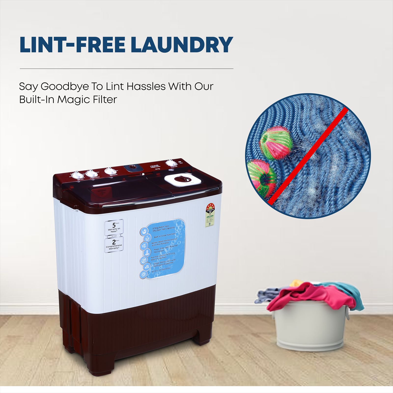 Croma 8.5 kg 5 Star Semi Automatic Washing Machine with Active Soak Function ( Burgundy)_12