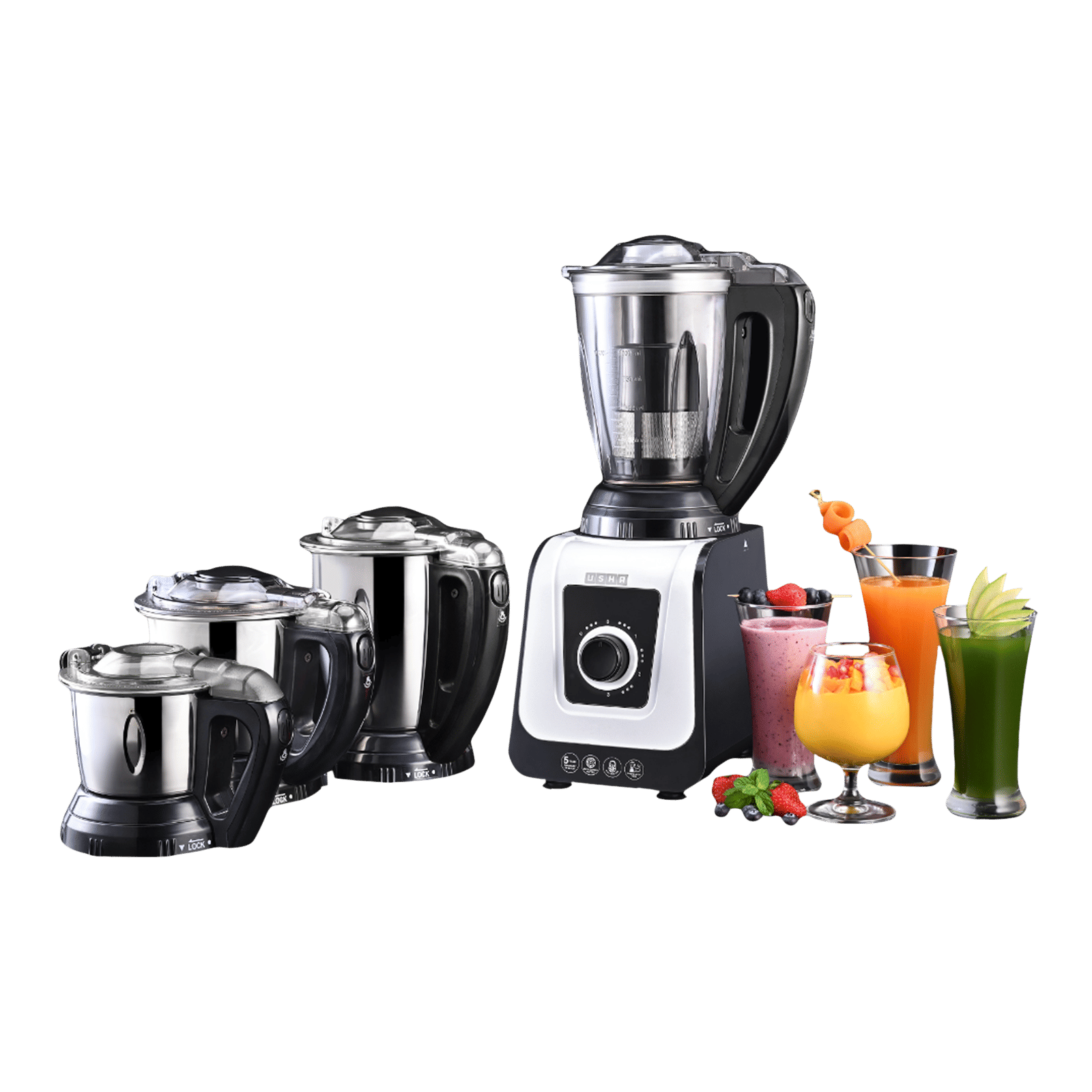 USHA iCHEF 750 Watt 4 Jars Mixer Grinder (Dual Safety Lock, White Black)