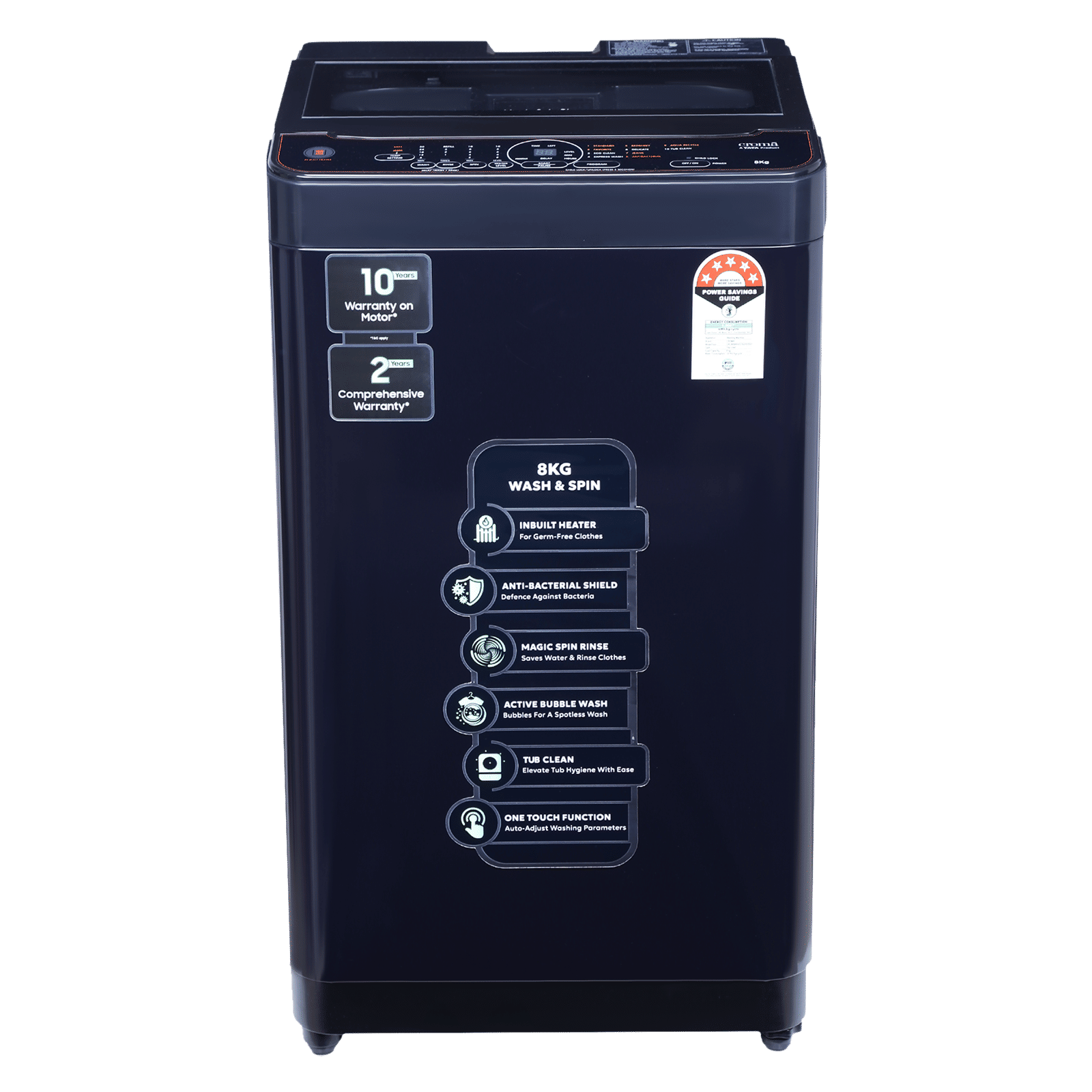 Croma 8 kg 5 Star Fully Automatic Top Load Washing Machine (CRLW080FAF276205, In-built Heater, Pure Black)