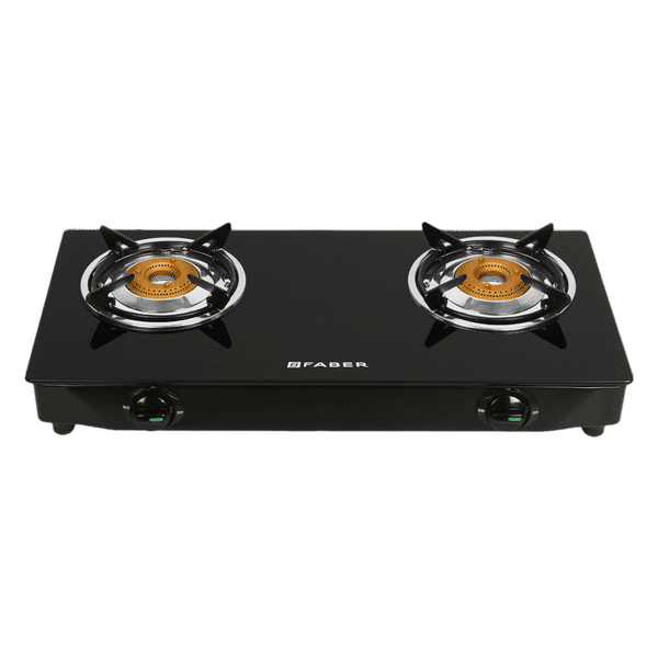FABER Power Toughened Glass Top 2 Burner Manual Gas Stove (Powder Coated Round Pan Support, Black)_1