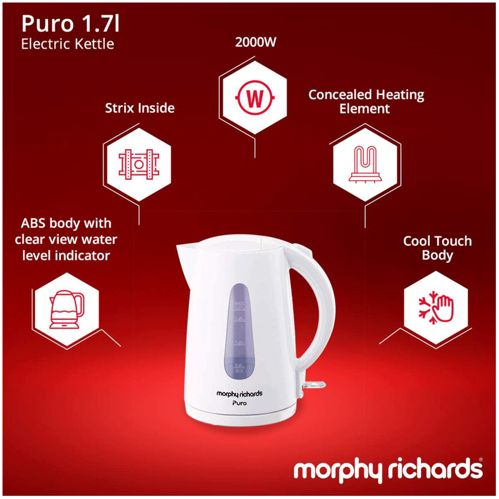 Buy morphy richards Puro 2000 Watt 1.7 Litre Electric Kettle with Water ...