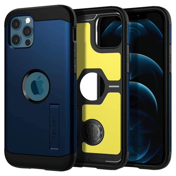 spigen Tough Armor TPU & Polycarbonate Back Case with Stand for Apple iPhone 12, 12 Pro (Wireless Charging Compatible, Navy Blue)_1